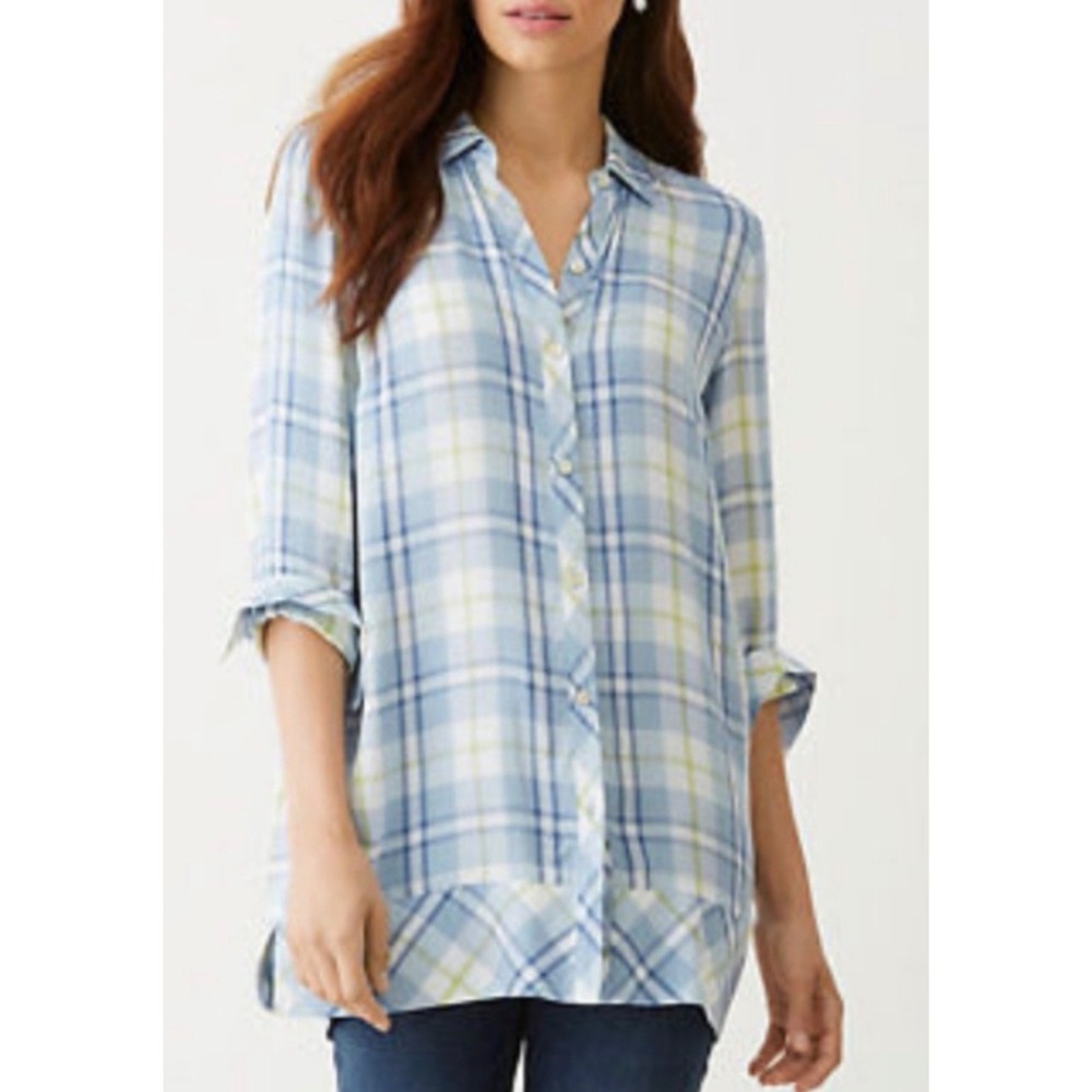 J. Jill Womens Blue Green Plaid Button Viscose Tunic Shirt S Coastal Lightweight